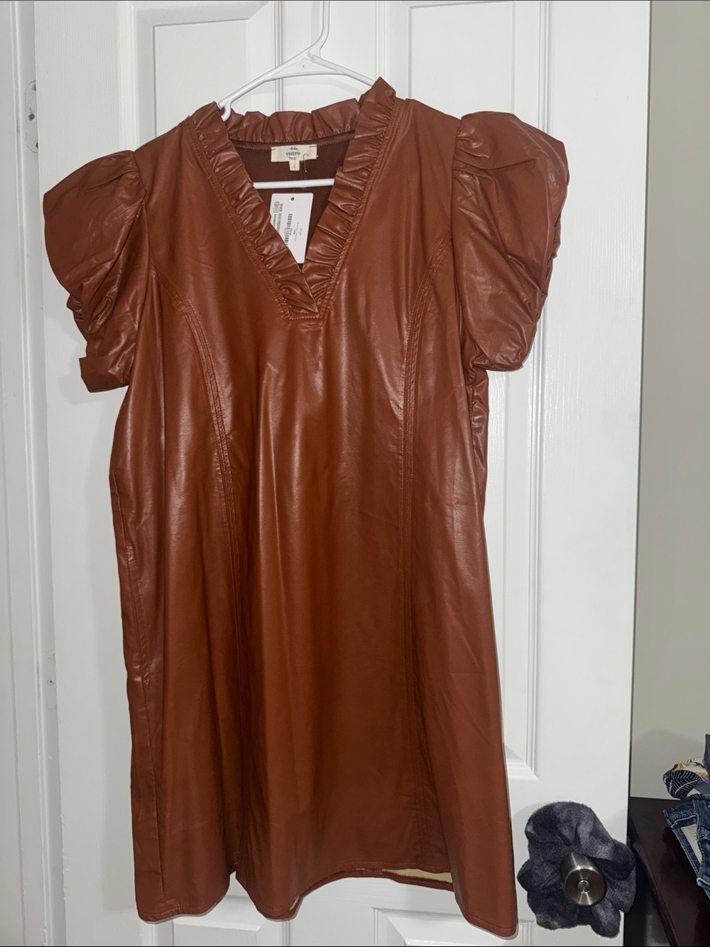 entro Rust Brown Faux Leather Puff Sleeve Mini Dress